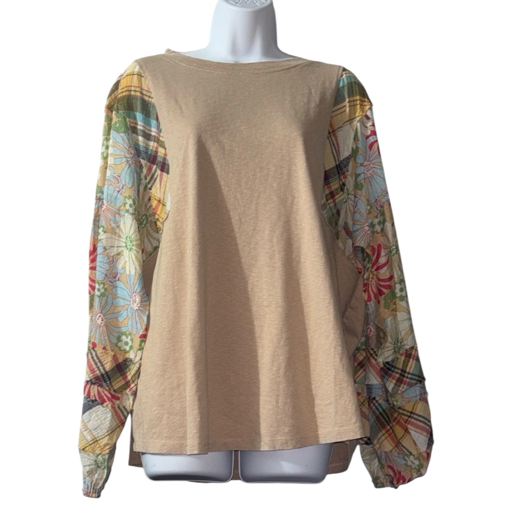 Easel Tan Top With Multicolor Sleeves